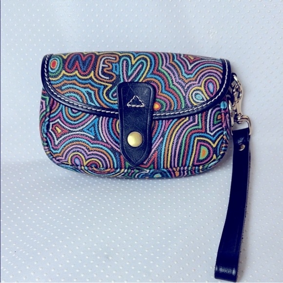 Dooney & Bourke Wristlet doodle flap snap front USA duck charm- vintage - Picture 1 of 9